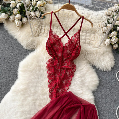 SINGREINY Lace Sensual Erotic Two Pieces Suits Camis Short Bodysuits Tops+Midi Long Mesh Chiffon Skirts Women Underwear Sets