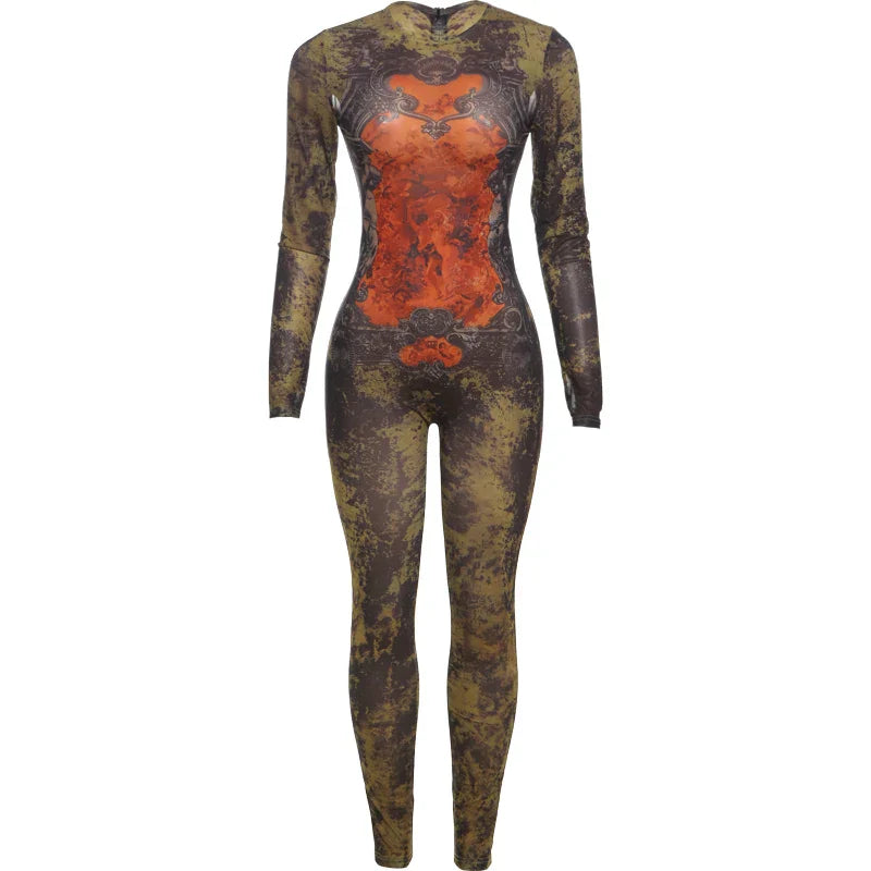 Weird Puss Sexy Fitness Jumpsuit Women Tie-Dye Print o-Neck Full Sleeve Skinny Streetwear Autumn Zip Slim Stretch Tight Overalls
