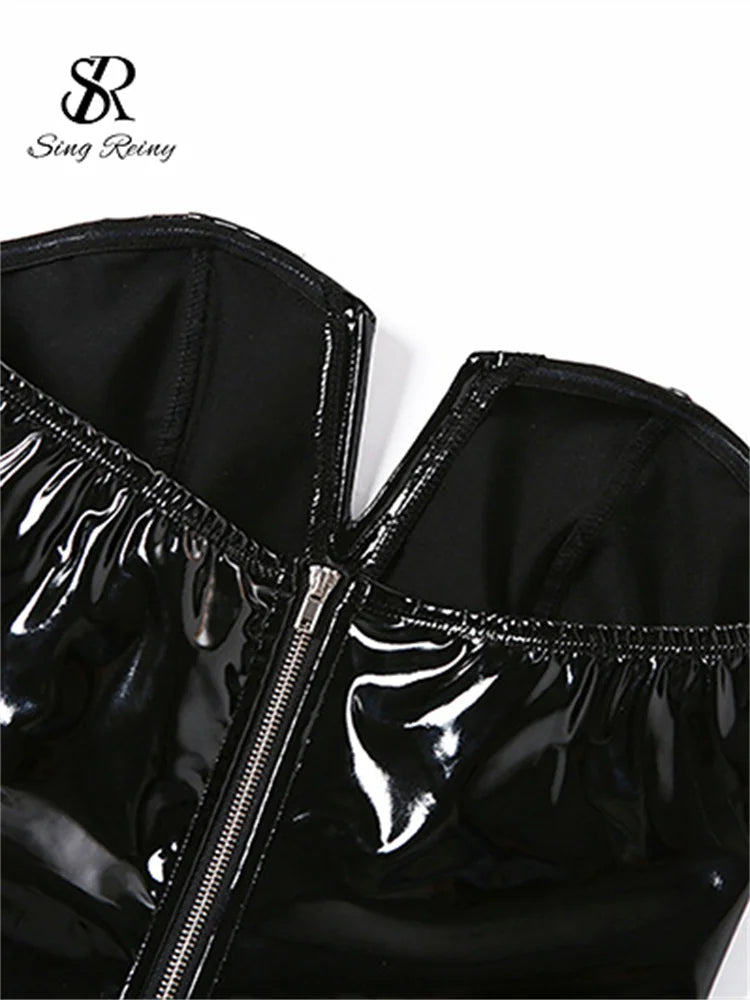 SINGREINY Strapless PU Leather Sexy Bodysuits Ladies Zipper Design Bodycon Top Fashion Streetwear Open Crotch Sensual Playsuits