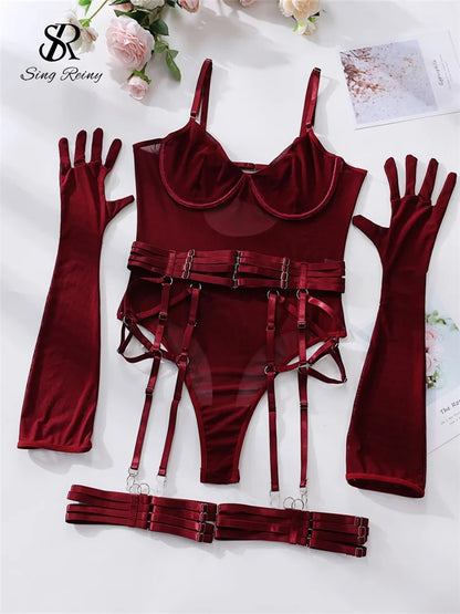 SINGREINY Sensual Sheath Solid Lingerie Rompers Fashion Oversleeve Strapless Slim Playsuits Women Sheer Mesh Sexy Bodysuits
