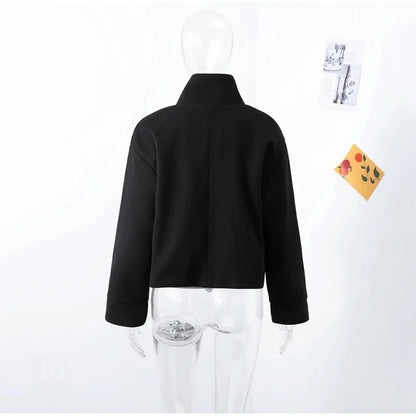 Urban Black Woolen Blend Coats Women Stand Collar Single-breasted Long Sleeve Thick Warm Jacket 2025 Autumn Winter Lady Outwear