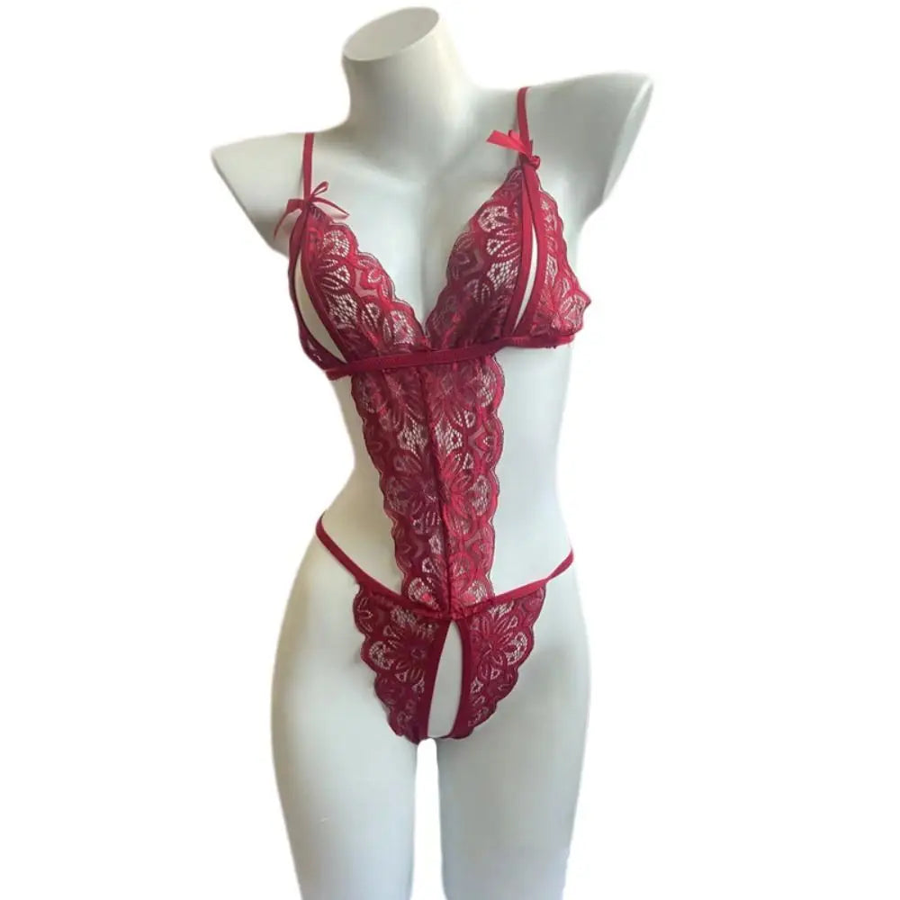 Sweet Deep V Neck Lace Bow Bodysuit Mesh Hollow Transparent Women Lingerie Jumpsuits Sleeveless Lace Sling Nightwear Gifts