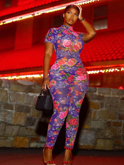 kliou Aesthetic Printed Women Jumpsuits Fashion Sexy Panelled Short Sleeve Backless Stand Collar Slim Overalls Mujer Clubwear