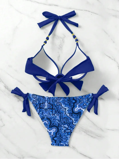2025 Push Up Halter Bikini Printed Swimsuit Women Sexy Strappy Swimwear Female Bathers Bathing Swimming Swim Suit Beachwear