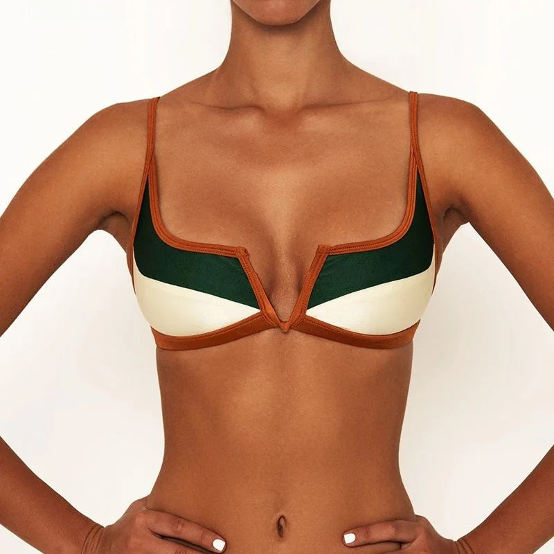 Contrast Vne Open Ba Thong Bikini Women's Patchwork ort Sve Overhead ort Pants Two-Piece Set Polyester Material