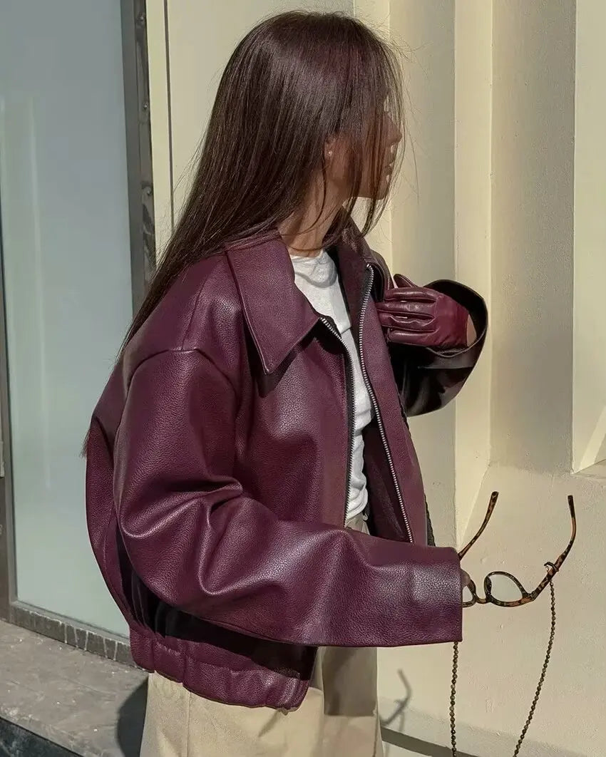 HH Wine Red Faux Leather Jakcet Fashion Outerwear Thicken Zipper Lapel Pu Coats Autumn Winter Streetwear Ladies Tops Women