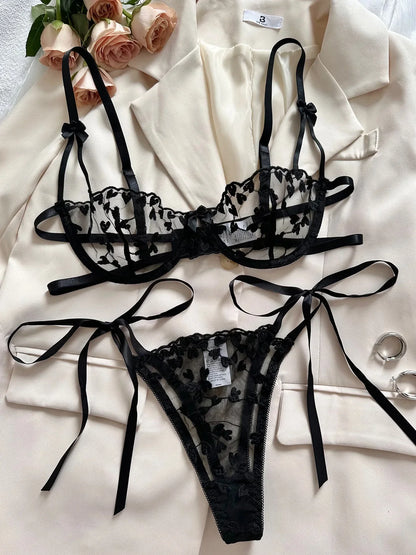 Exotic Fantasy Lingerie Underwire Bra Strap Panties 2Piece Sheer Mesh Embroidery Underwear for Women
