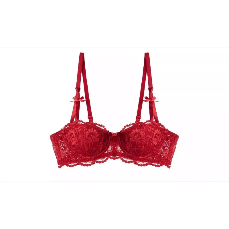 French Girl Lingerie Red Thin Hollowed Half Cup Bra Set  Sexy Tushy Xmas Gift Her Desire Temptation Lace Hip Out Holiday Season