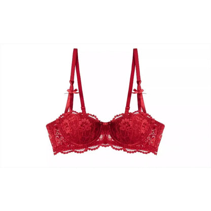 French Girl Lingerie Red Thin Hollowed Half Cup Bra Set  Sexy Tushy Xmas Gift Her Desire Temptation Lace Hip Out Holiday Season