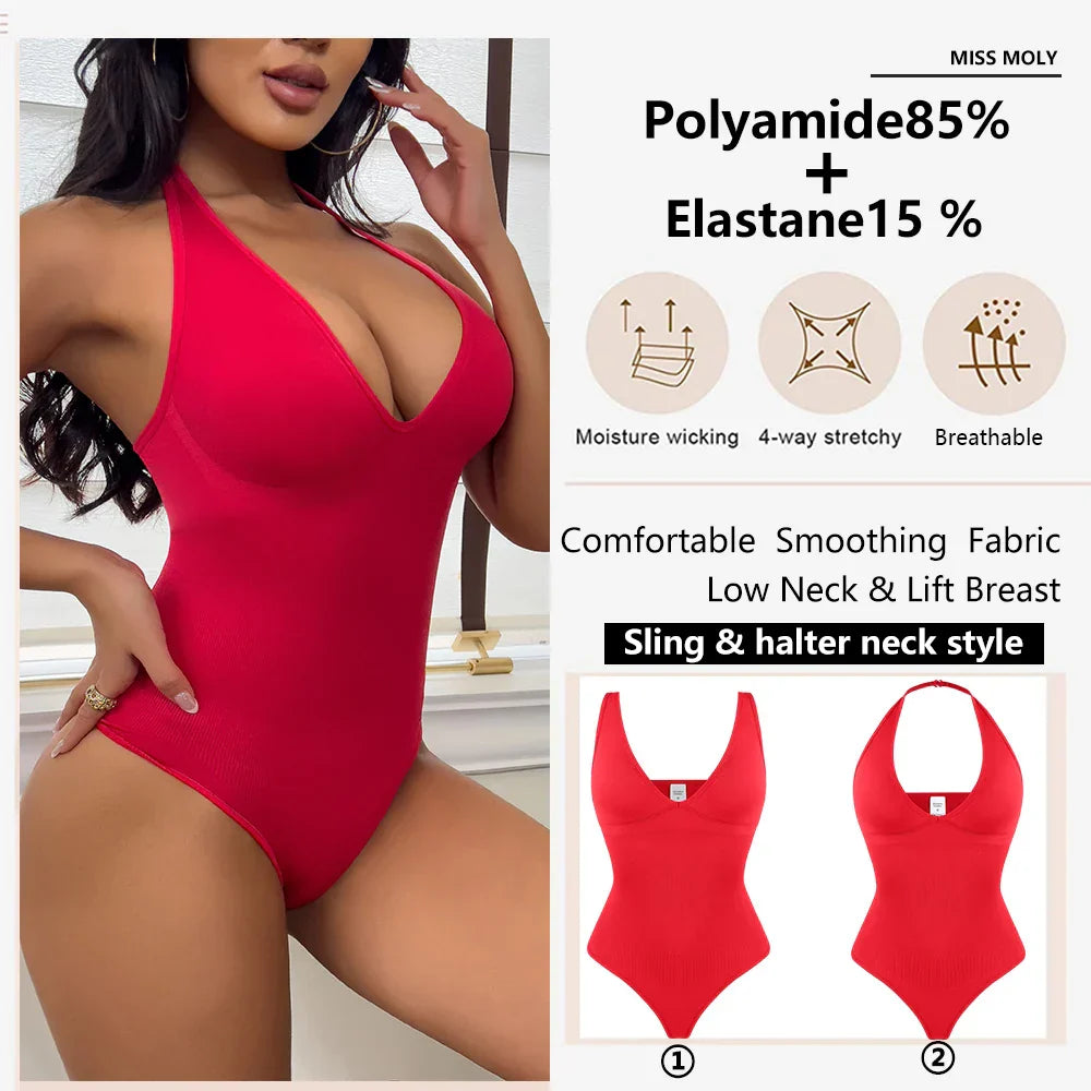 Sexy Thong Bodysuit Tummy Control Women Shapewear Halter Neck Flat Belly Body Shaper Slimming Flat Belly Underwear Open Crotch