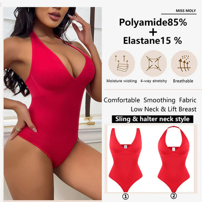 Sexy Thong Bodysuit Tummy Control Women Shapewear Halter Neck Flat Belly Body Shaper Slimming Flat Belly Underwear Open Crotch