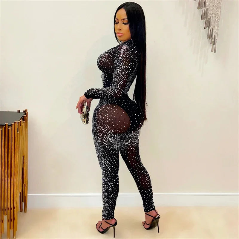 Doyerl Glitter Rhinestones Sexy Club Outfits Woman 2 Piece Set Mesh See Through Long Sleeve Cropped Top and Pants Suit Birthday