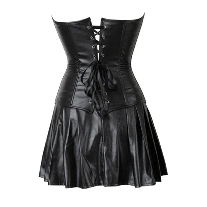 Faux Leather Corset Top Women Leather Corset Dresses Zipper Gothic PU Leather Corset Sexy Ladies Eyelet Up Pleated Dress Corsets