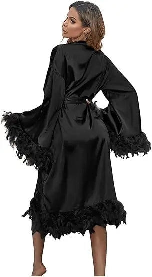 Women Satin Robe Sleepwear Solid Color Casual Feather Trim Long Sleeve Pajama Dress Ladies Loungewear Nightwear Bathrobe