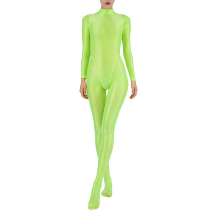 Womens Glossy Full Body Jumpsuit See Through Sheer Catsuits Bodystockings Long Sleeve Footed One Piece Gym Yoga Tights Bodysuit