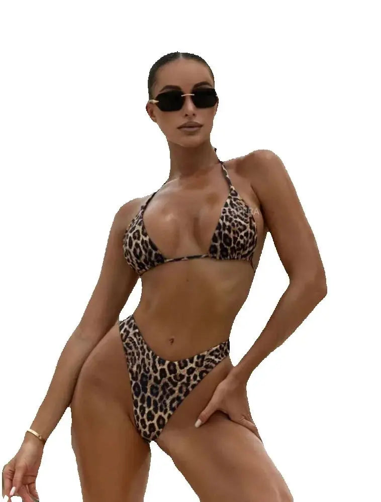 Women Halter Bikini Leopard/Cherry Print Summer Swimsuit Beach Vacation Mid Waisted Brazilian Swimwear 2025 New Bathing Suit