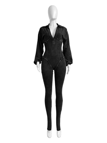 Weird Puss Washed Distressed Jumpsuit Women Ribbed V-Neck Solid SKinny Long Sleeve Fall Casual Trend Simple Activity Streetwear