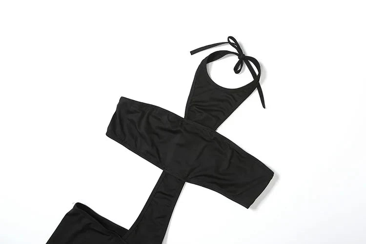 kliou Cross Cut Halter Women Jumpsuits Unique Sexy Coquette Bandage Backless Elastic Overalls Female Midnight Dance One Piece