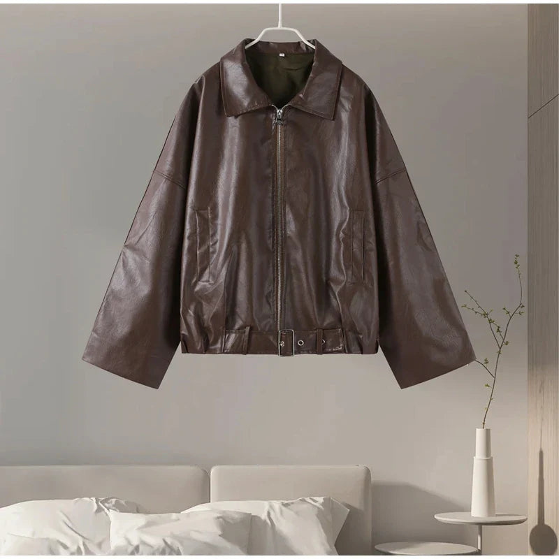 Street Stand Collar Women's Leather Jacket Loose Long Sleeve Zipper Pockets Chic Female Coats 2025 Autumn Winter Lady Outerwear