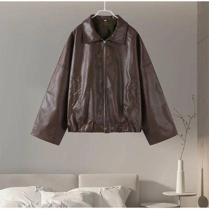 Street Stand Collar Women's Leather Jacket Loose Long Sleeve Zipper Pockets Chic Female Coats 2025 Autumn Winter Lady Outerwear