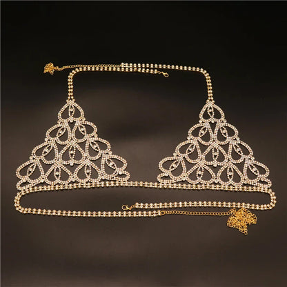 Wholesale Sexy Rhinestone Chain Body Lingerie Set Heart Body Jewelry for Women Fashion Bikini Underwear Bling Crystal Bra Thong