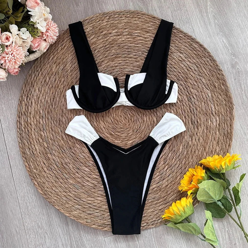 2025 Solid Thong Brazilian Bikinis Swimwear Women Swimsuit  Black White Bikini Set Bathing Suit Female Summer Beach Wear Biquini