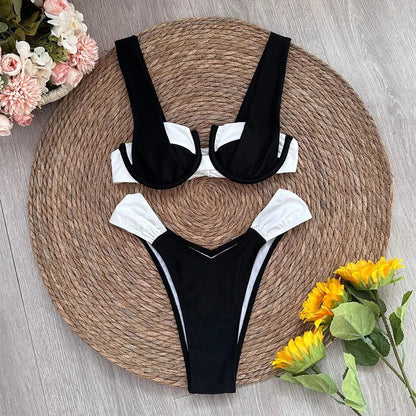 2025 Solid Thong Brazilian Bikinis Swimwear Women Swimsuit  Black White Bikini Set Bathing Suit Female Summer Beach Wear Biquini