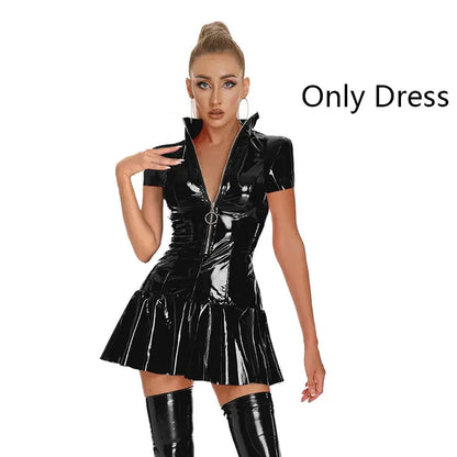 Sexy Glossy Leather Short Sleeves Dress Lady Erotic Shaping Pleated Short Dress Zipper Porn Breast Exposing Latex Mini Dress