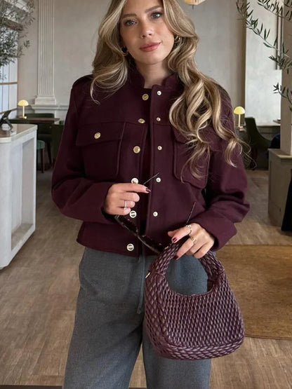 HH 2024 Fashion Women Soft Tweed Bomber Jacket O-Neck Long Sleeve Pockets Buttons Loose Woolen Coat Female Streetwear