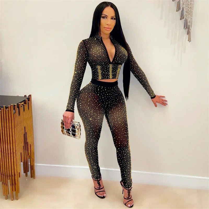 Doyerl Glitter Rhinestones Sexy Club Outfits Woman 2 Piece Set Mesh See Through Long Sleeve Cropped Top and Pants Suit Birthday