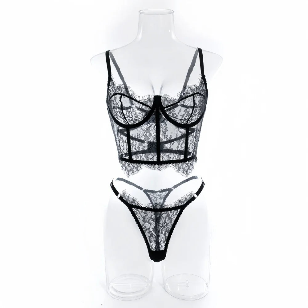 Krasapt Sexy Black Lace Lingerie Two Piece Sets Fancy Lace Underwear Erotiic Bras And Panties Transparent Attractive Bilizna Set