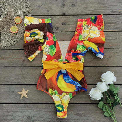 2025 New Sexy V-Neck One Piece Swimsuit Belt Swimwear Women Ruffle Monokini Push Up Swim Suit Colorful Bathing Suit Female Beach