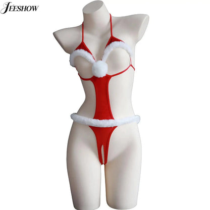 Womens Christmas Lingerie Bodysuit Halter Neck Hollow Out High Cut Velvet Babydoll Teddy Xmas Holiday One Piece Lingerie Leotard