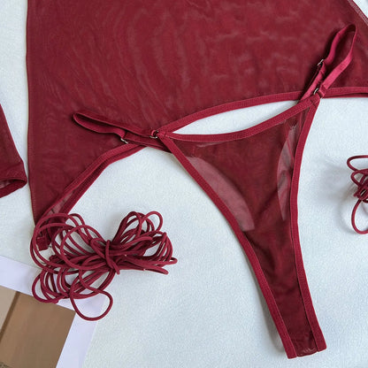 Yimunancy Sheer Mesh Lingerie Set Women 4-Piece Backless Sexy Dress Sexy Erotic Solid Brief Underwer Set Nightwear