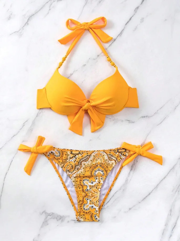 2025 Push Up Halter Bikini Printed Swimsuit Women Sexy Strappy Swimwear Female Bathers Bathing Swimming Swim Suit Beachwear