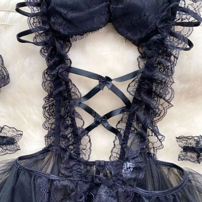 Lolita Strap Bodysuit With Cross Lace Up Hollow Patchwork Playsuit Double-Layer Sheer Mesh Sweet Women's Pajamas Sexy Lingerie