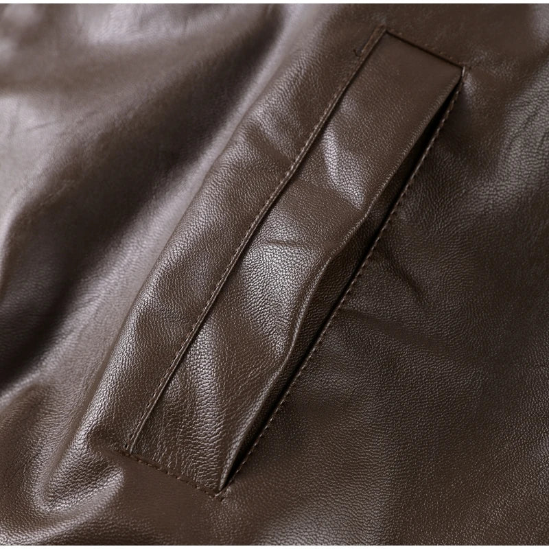 Street Stand Collar Women's Leather Jacket Loose Long Sleeve Zipper Pockets Chic Female Coats 2025 Autumn Winter Lady Outerwear