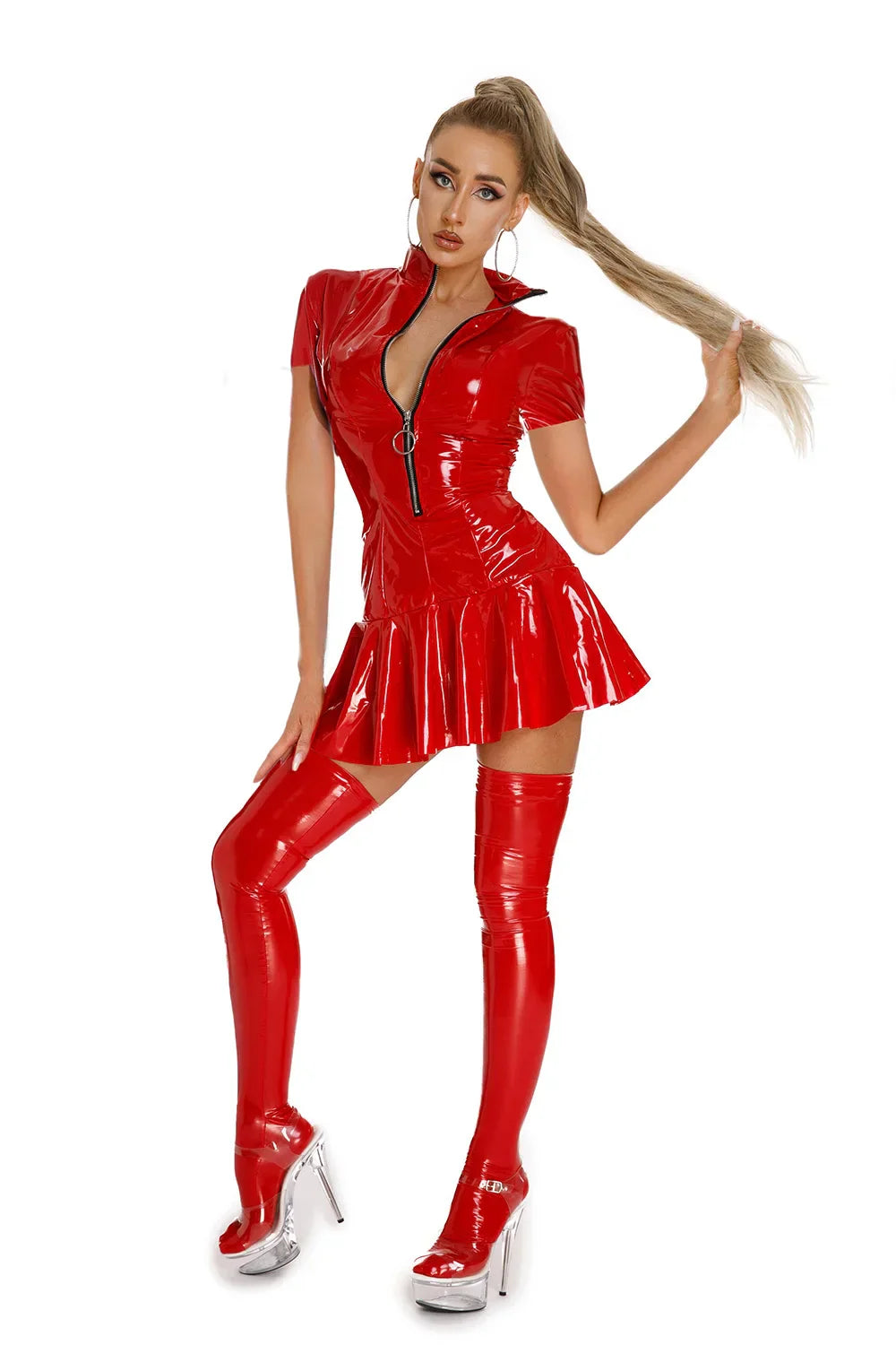 Sexy Glossy Leather Short Sleeves Dress Lady Erotic Shaping Pleated Short Dress Zipper Porn Breast Exposing Latex Mini Dress