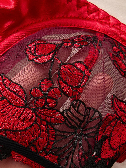 Two-piece embroidered bra set - Women's floral embroidered lingerie set - Black and red underwear set ZA825127