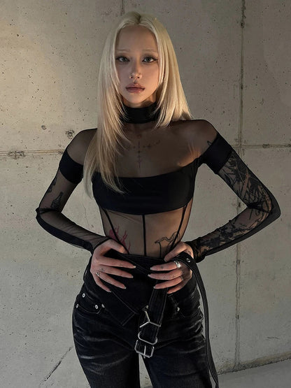 Sisterlinda See Through Sexy Bodysuit Women Coquette Wild Mesh Hipster Patchwork Full Sleeve Midnight Stretch Street Clubwear