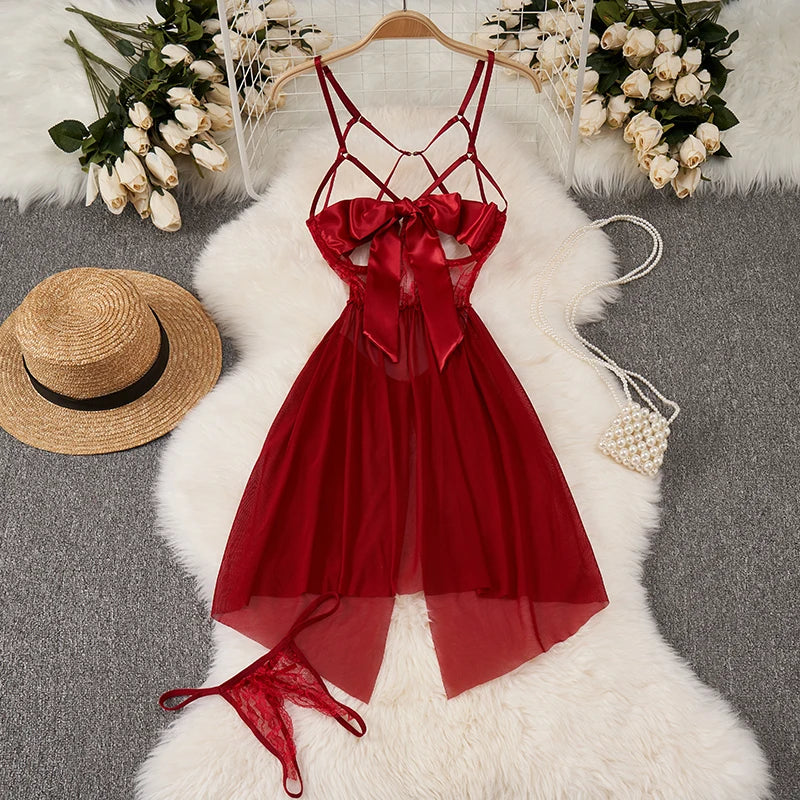 Sexy Lace Gauze Patchwork Strap Bodysuit Hollow Sleeveless Slim backless Women Erotic Lingerie Hotsweet Bow Night Maid Cosplay