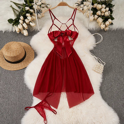 Sexy Lace Gauze Patchwork Strap Bodysuit Hollow Sleeveless Slim backless Women Erotic Lingerie Hotsweet Bow Night Maid Cosplay