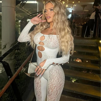 Viral Cheetah Bodysuit Pearl Embellished Mesh Lingerie Seductive Jacquard Catsuit for Women Flirtatious See Through Outfit