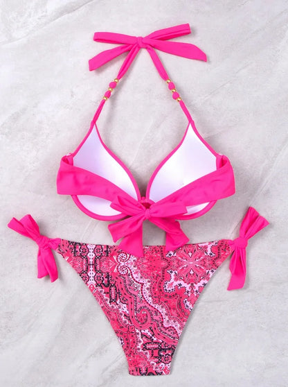 2025 Push Up Halter Bikini Printed Swimsuit Women Sexy Strappy Swimwear Female Bathers Bathing Swimming Swim Suit Beachwear