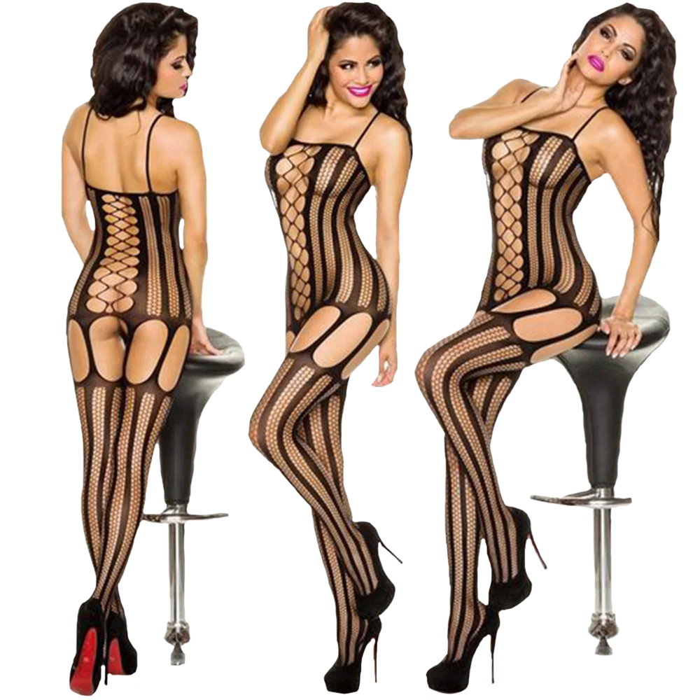Teddy Crotchless Bodysuits Sexy Lingerie Women Fishnet Hollow Open Bra Underwear Erotic Apparel Black Bodysuit & Lace Stockings