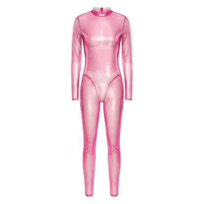 Women Metallic Shiny Full Body Unitards Sheer Rave Party Nightclub Jumpsuit Long Sleeve Long Pants Back Zipper Catsuit Clubwear