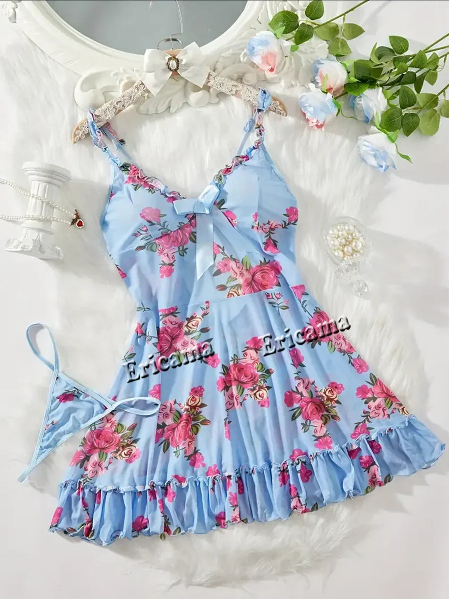 Women's Underwear Sexy Bra And Panties Sets Lace Ruffle Trim Lingerie Set Deep V Slip Dress Thong Women's Sexy Lingerie