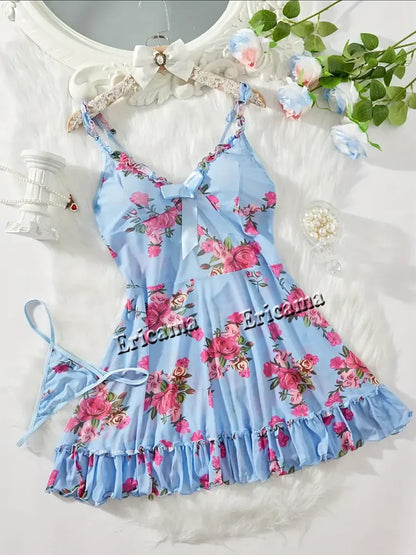 Women's Underwear Sexy Bra And Panties Sets Lace Ruffle Trim Lingerie Set Deep V Slip Dress Thong Women's Sexy Lingerie
