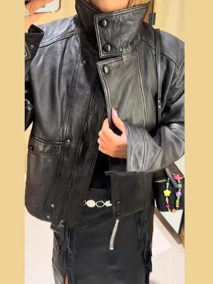 Stand Collar Women's Jacket Full Sleeve Double Button Solid Female Leather Jackets 2025 Autumn Fashion High Street Lady Outwears