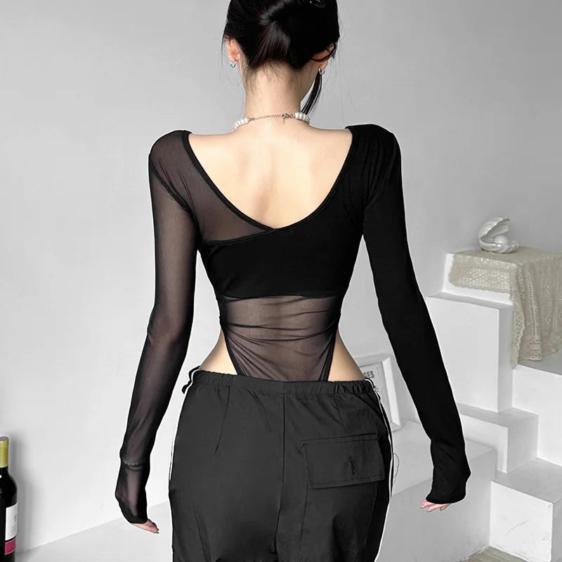 Black See Through Bodysuit Lingerie Sexy Long Sleeve Lenceria Femenina V-Neck One-Pieces Body Feminino Backless Tops For Women